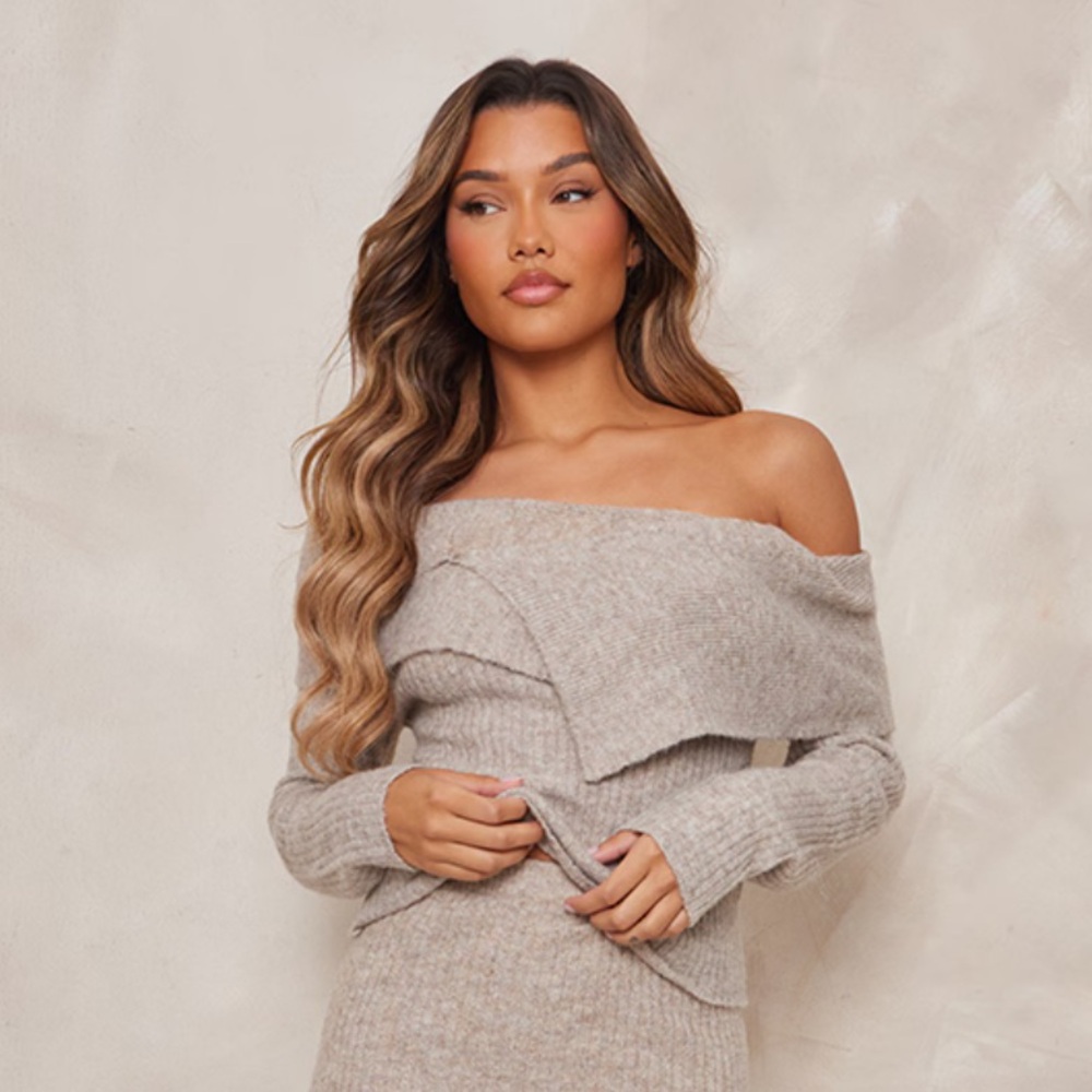 PrettyLittleThing Taupe Off-Shoulder Knit Top 1